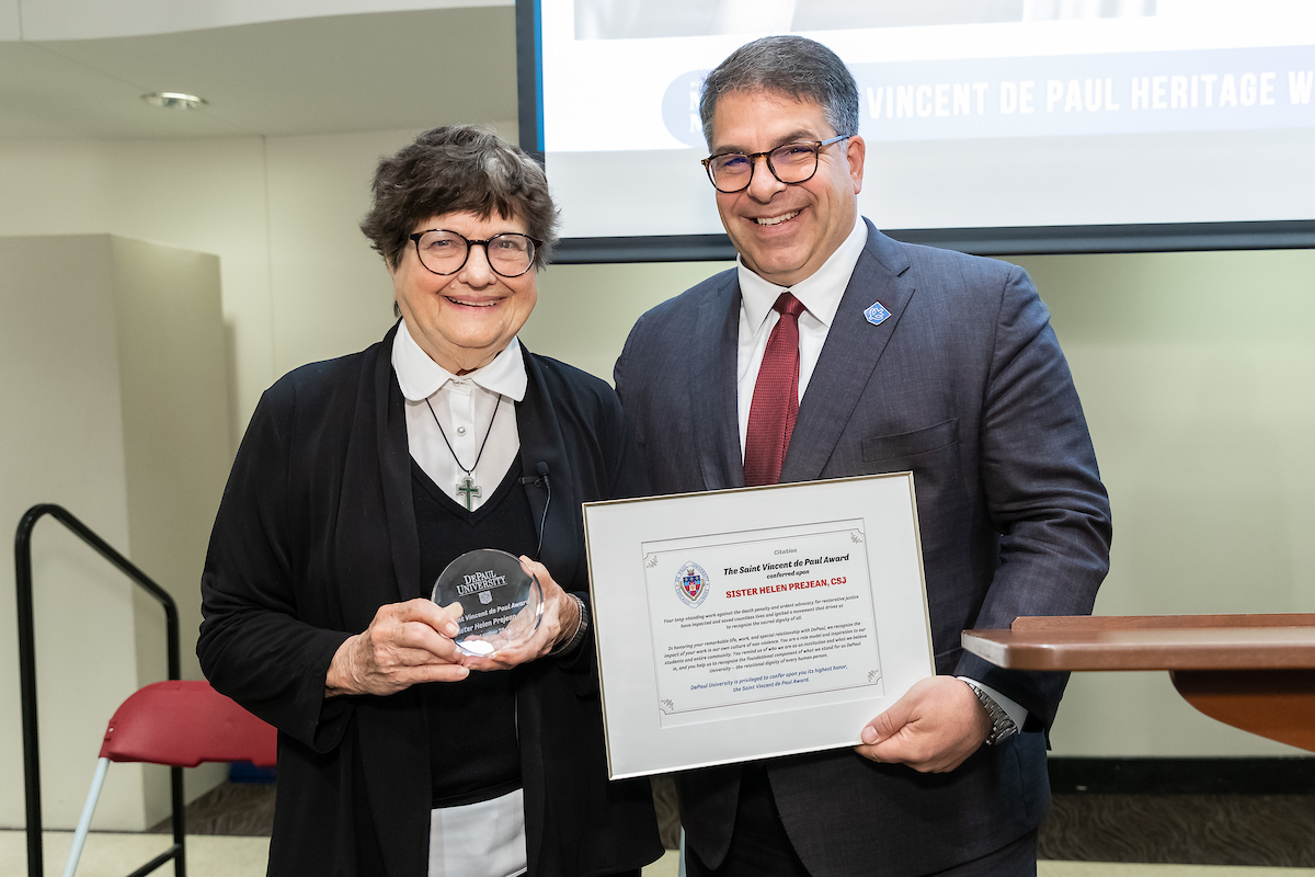 Sister Helen Prejean and DePaul President Rob Manuel