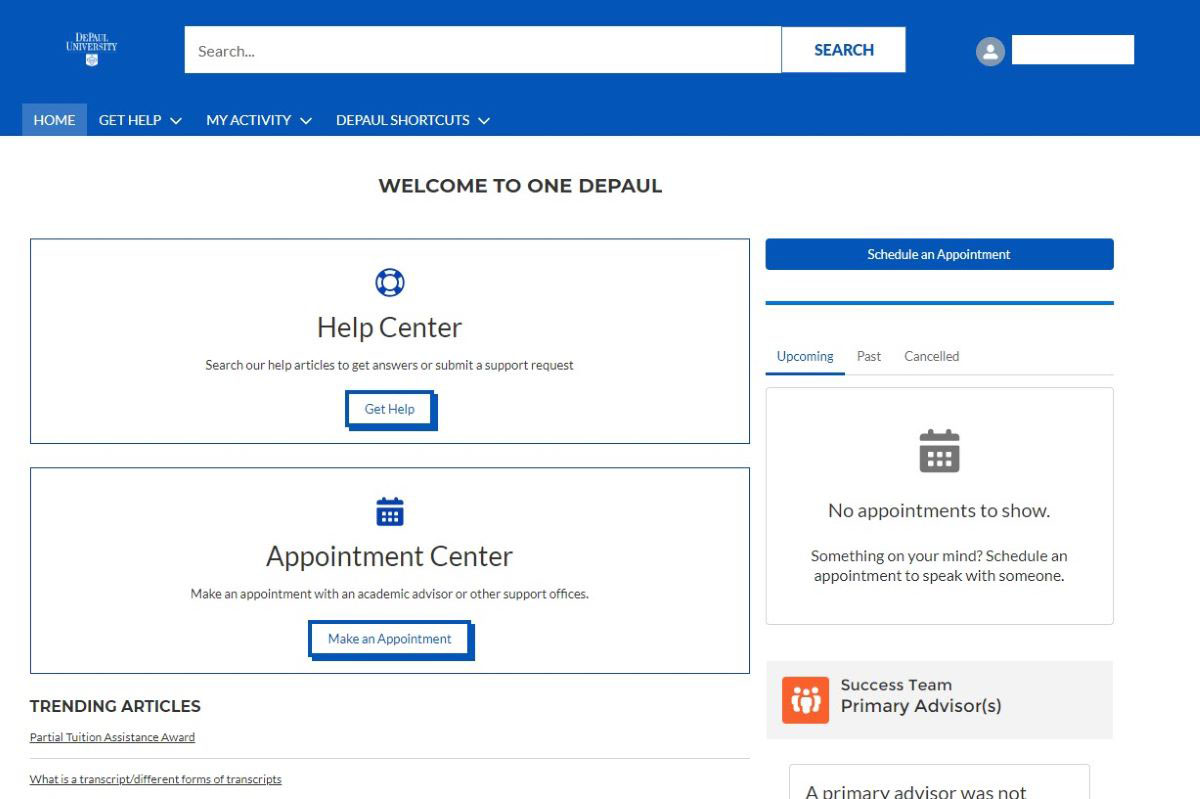 Screenshot of OneDePaul portal