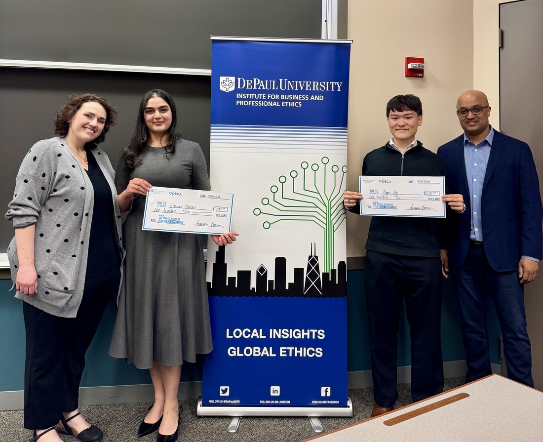 two students and two professors pose with ceremonial checks in front of a depaul-branded banner reading local insights, global ethics