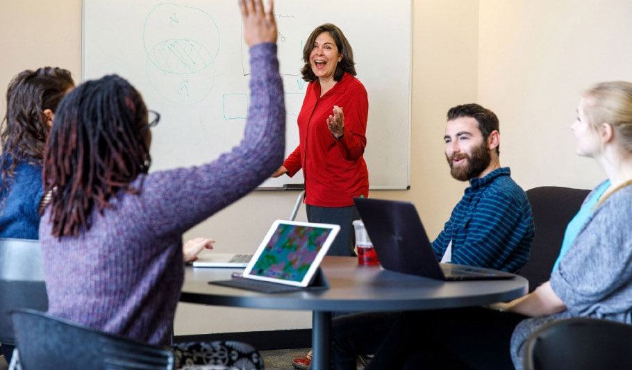 A professor in front of her class asking questions about the class material.