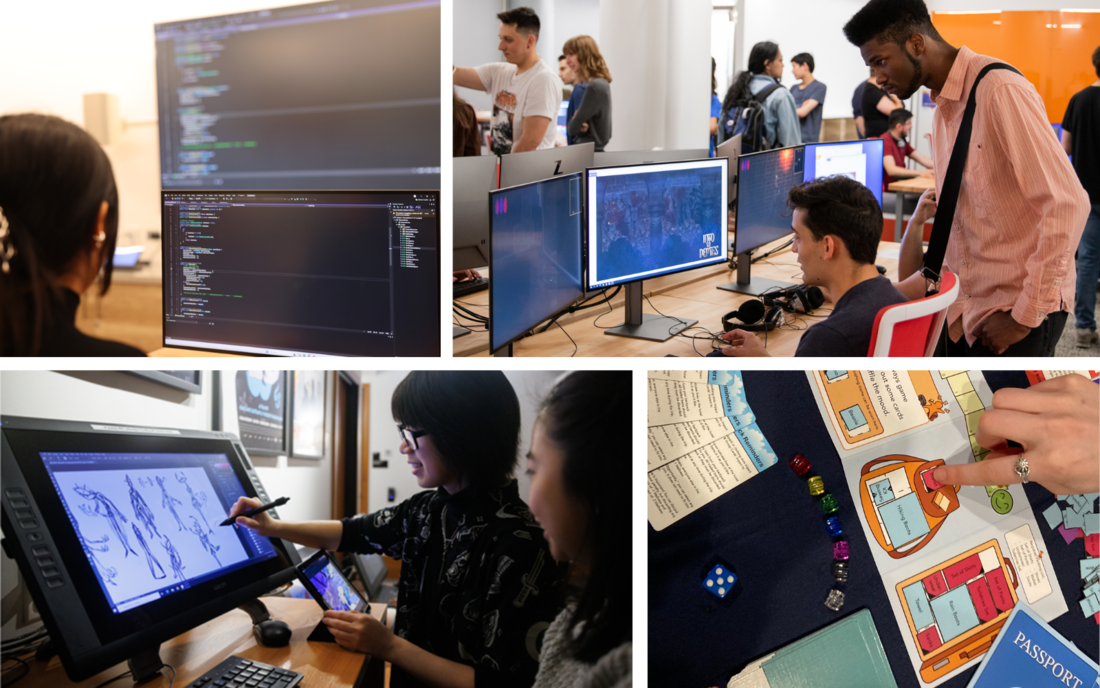 collage of students making games