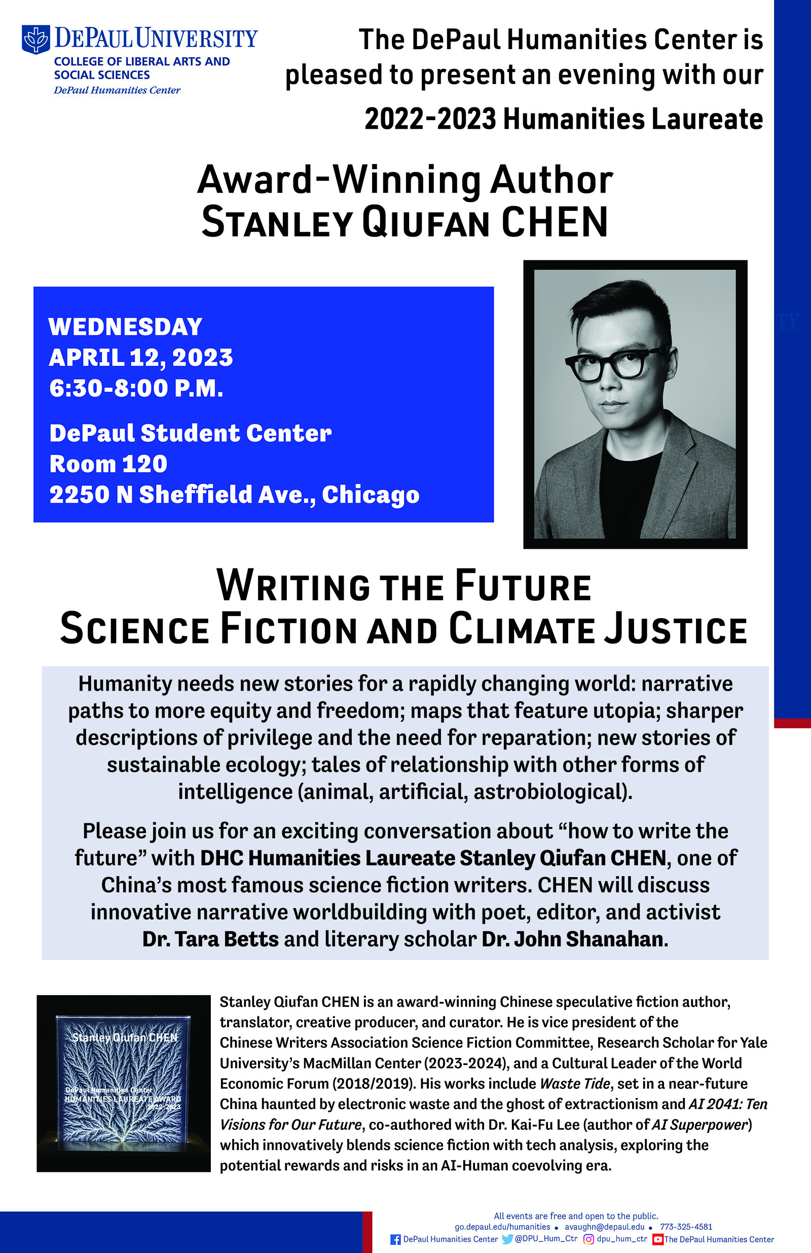 DHC poster for 22-23 Humanities Laureate Event with Stanley Qiufan CHEN