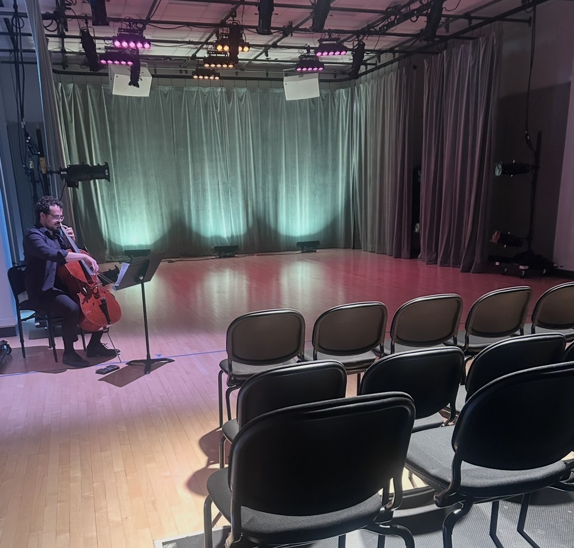 The Theatre School Spring 2026 Dance Recital:  A cellist plays in dance studio 401.