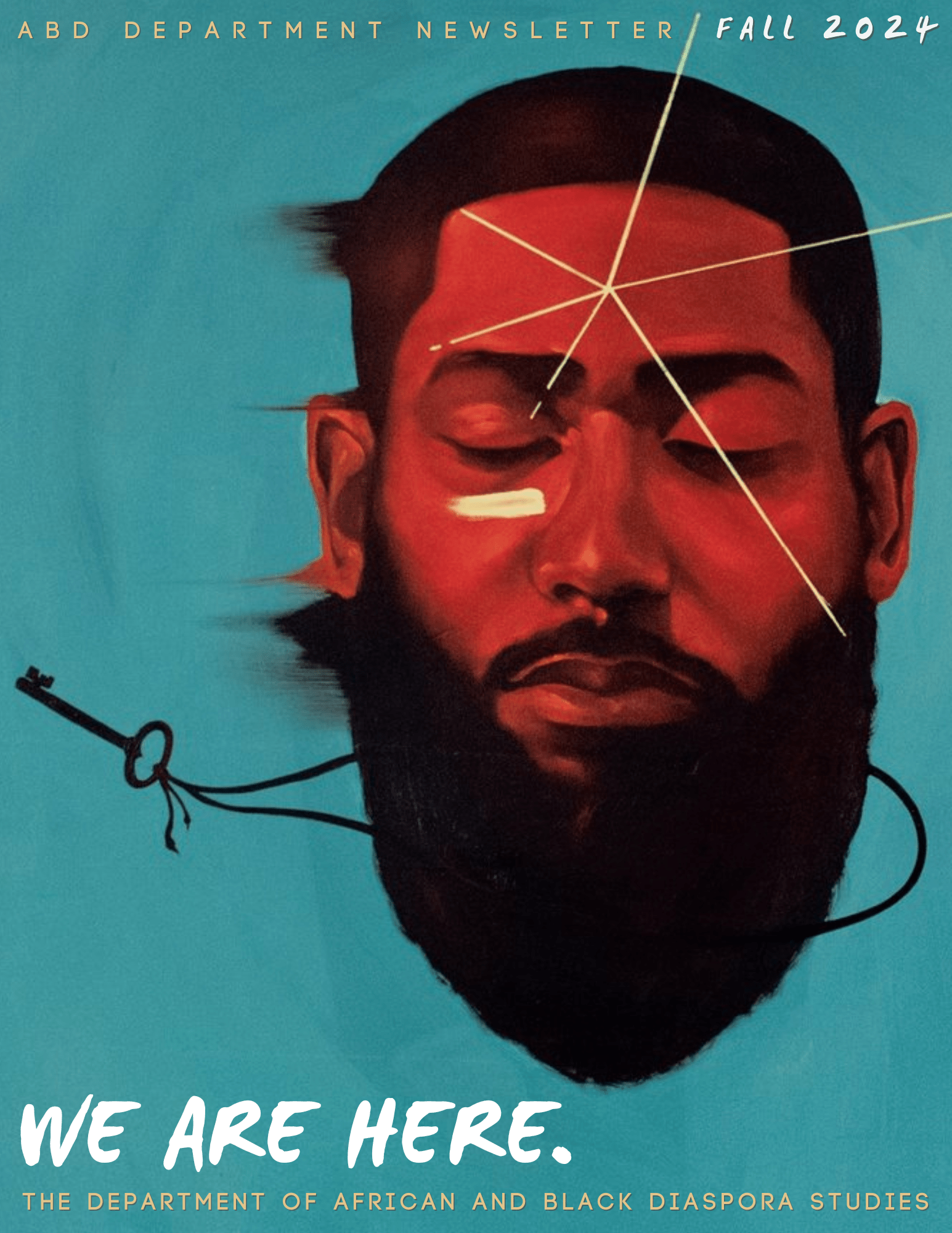 Fall 2024 ABD Newsletter cover artwork showing a man with his eyes closed and a key necklace around his neck