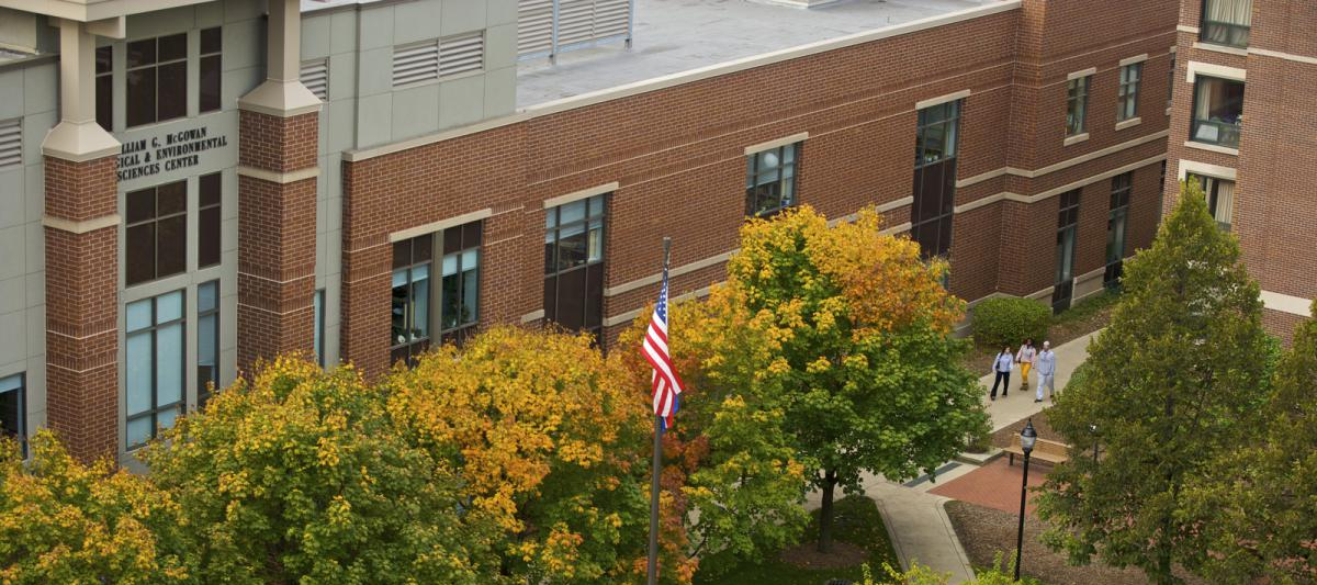 Aerial image of the College of Science and Health building.