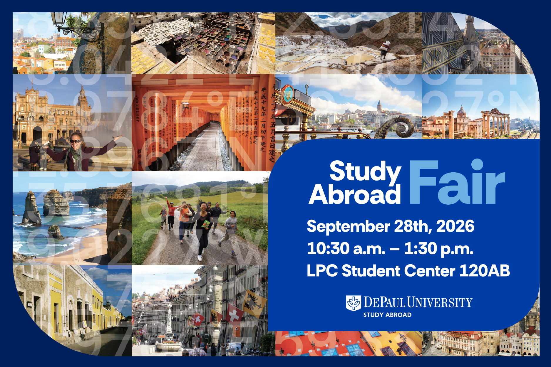 A banner advertising the study abroad fair, happening on September 28th from 10:30am-1:30pm in the LPC Student Center 120AB
