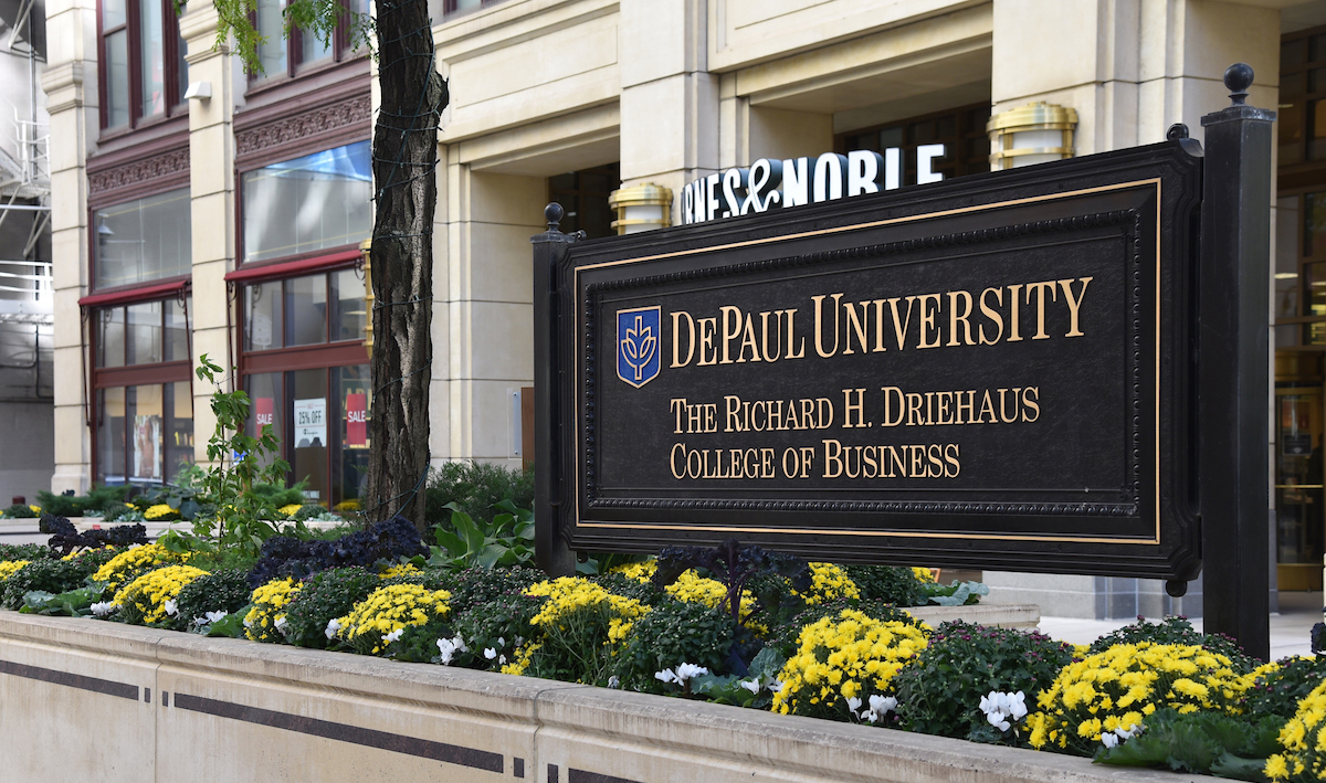 Richard H. Driehaus College of Business sign in front of DePaul Center