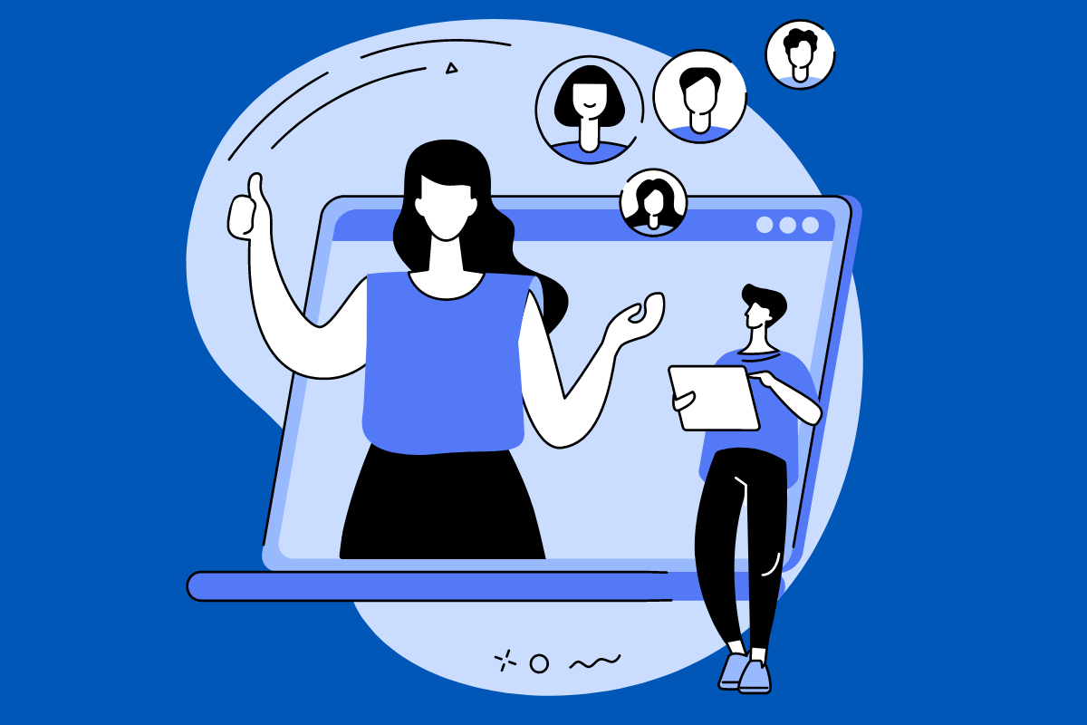 Illustration of woman on laptop screen showing a thumbs-up