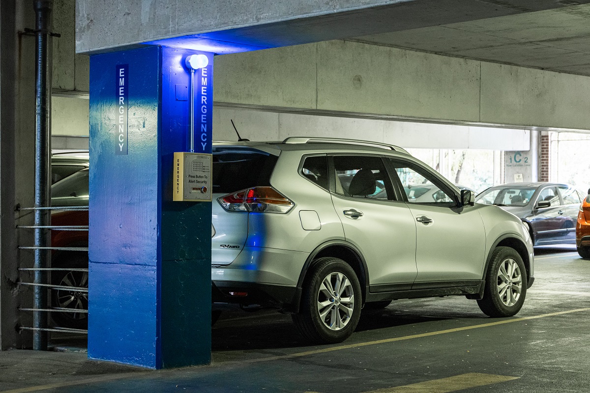 Emergency call box in DePaul parking garage