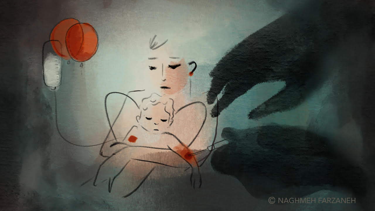 Animated still image of a woman holding a child with an IV in their arm.