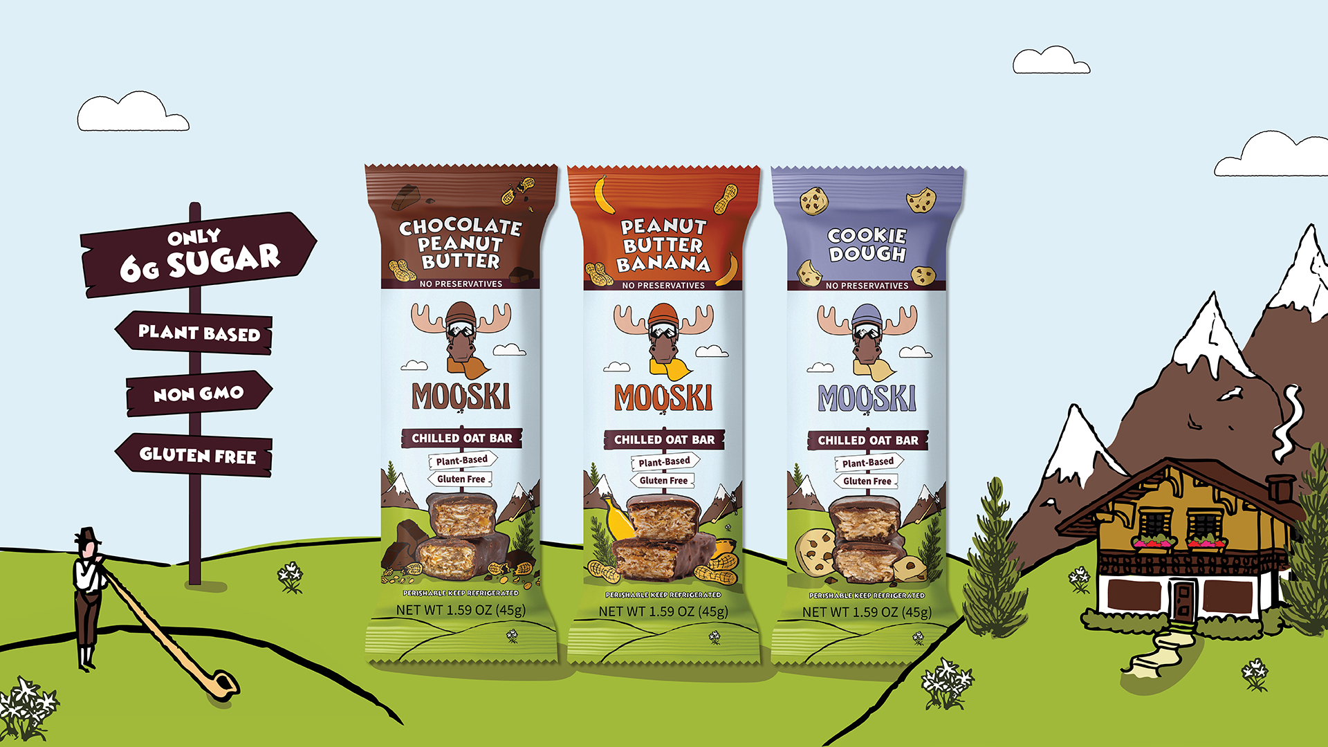 A jaunty cartoon graphic displaying Mooski bars in an alpine setting