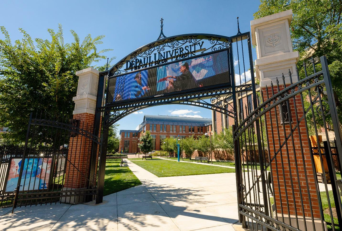 DePaul University gates in front of School of Music