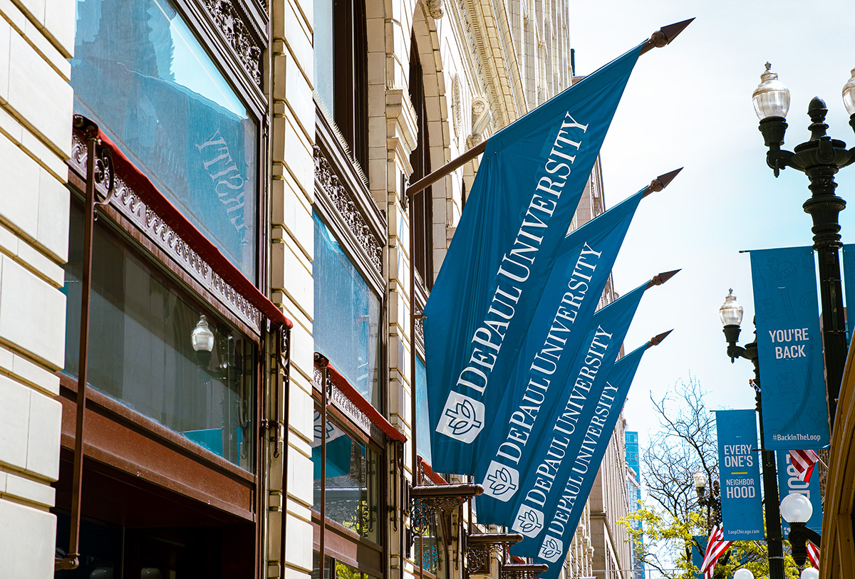 DePaul flags on the DePaul Center