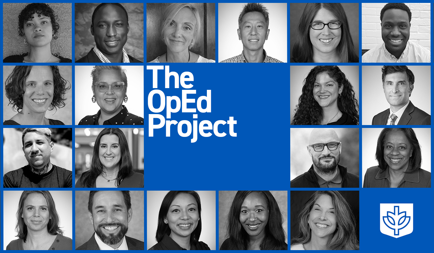 Portrait photos of the twenty op ed project fellows with op ed project in white lettering in the middle