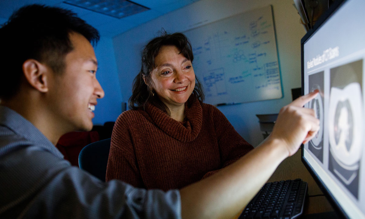 student with faculty mentor looking at computer screen