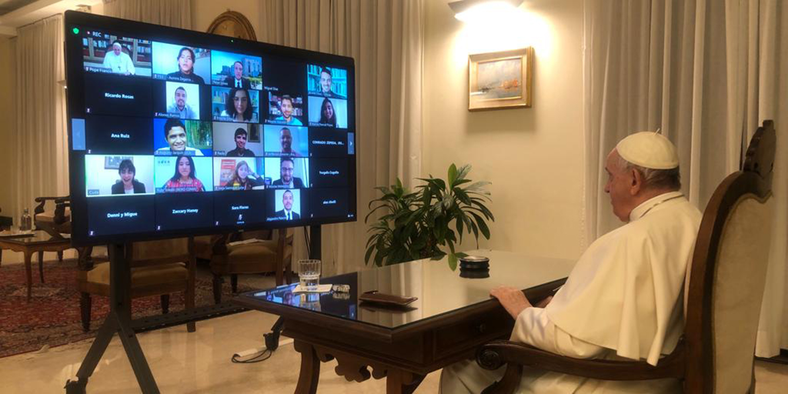 Pope Francis participates in the first Building Bridges event with students from the Americas hosted by Loyola University Chicago.