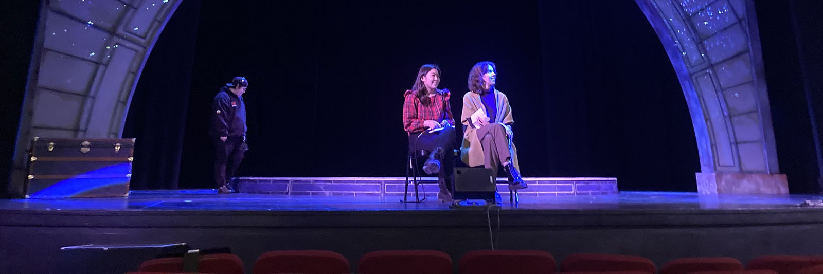 Dramaturgy students lead a talk-back on stage.