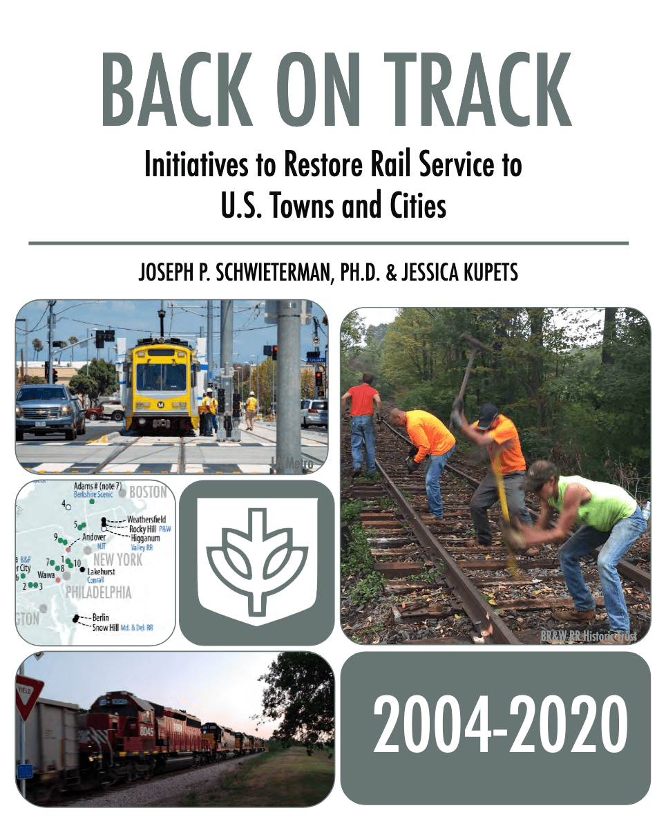 Images of a train and workers repairing railroad tracks