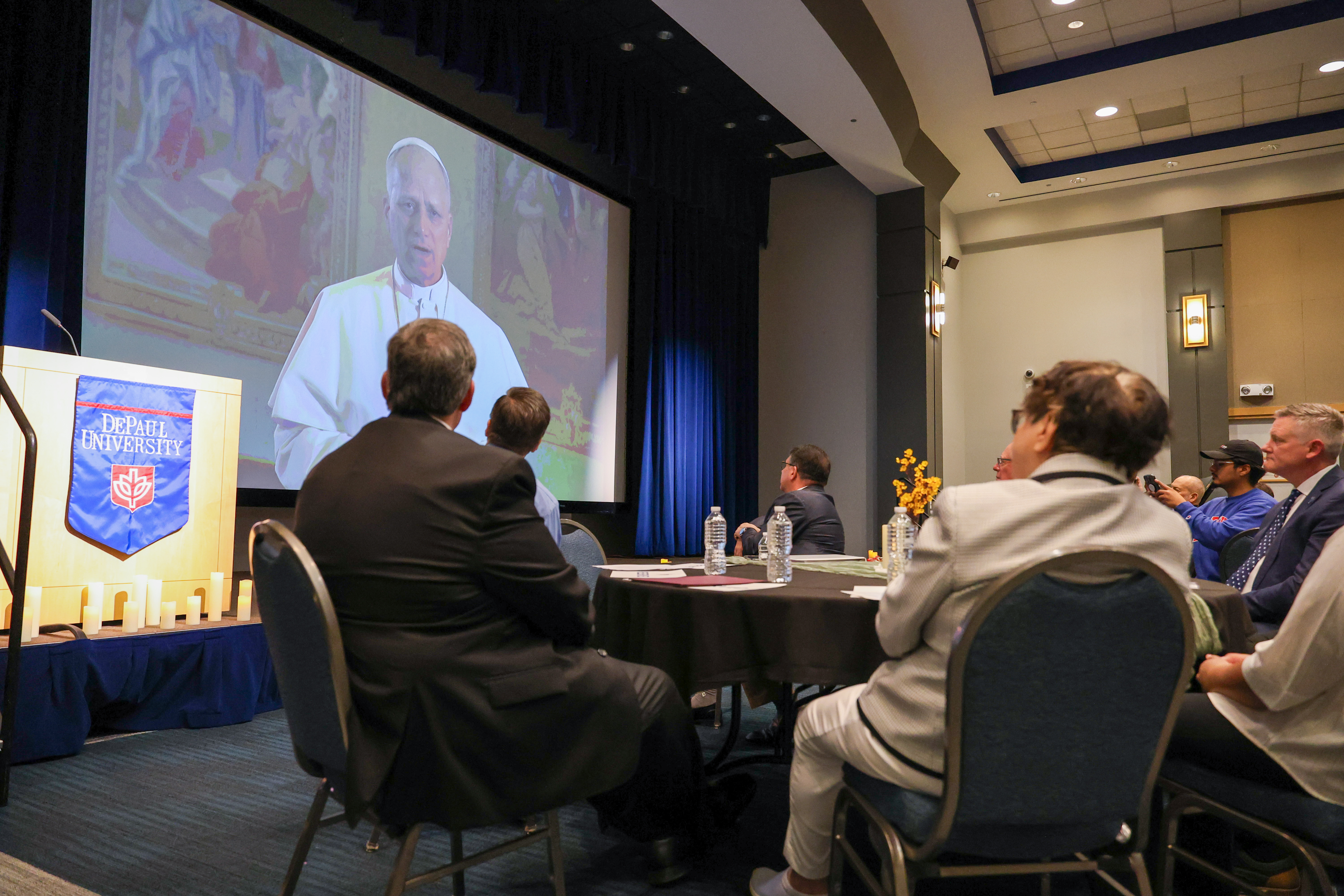 Pope Leo XIV offers a video message to the audience at "A Beacon of Light in Darkness," on April 24, 2026.