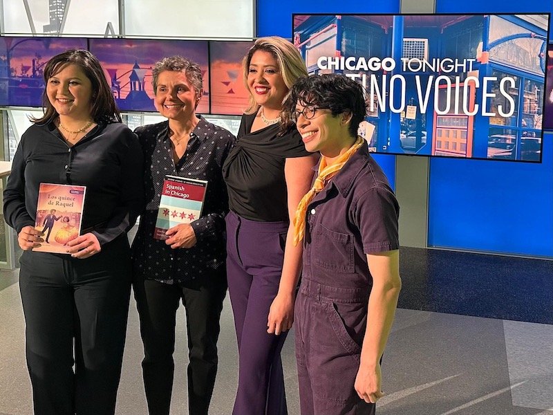 Esmeralda Mora, Lourdes Torres, Joanna Hernandez, and Gonzalo Guzman on the set of Chicago Tonight Latino Voices