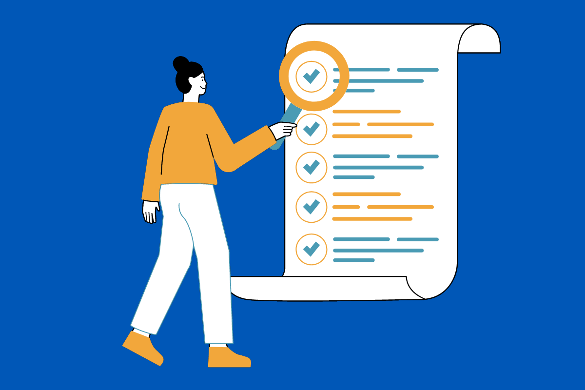 A female figure holds a magnifying glass to a checklist