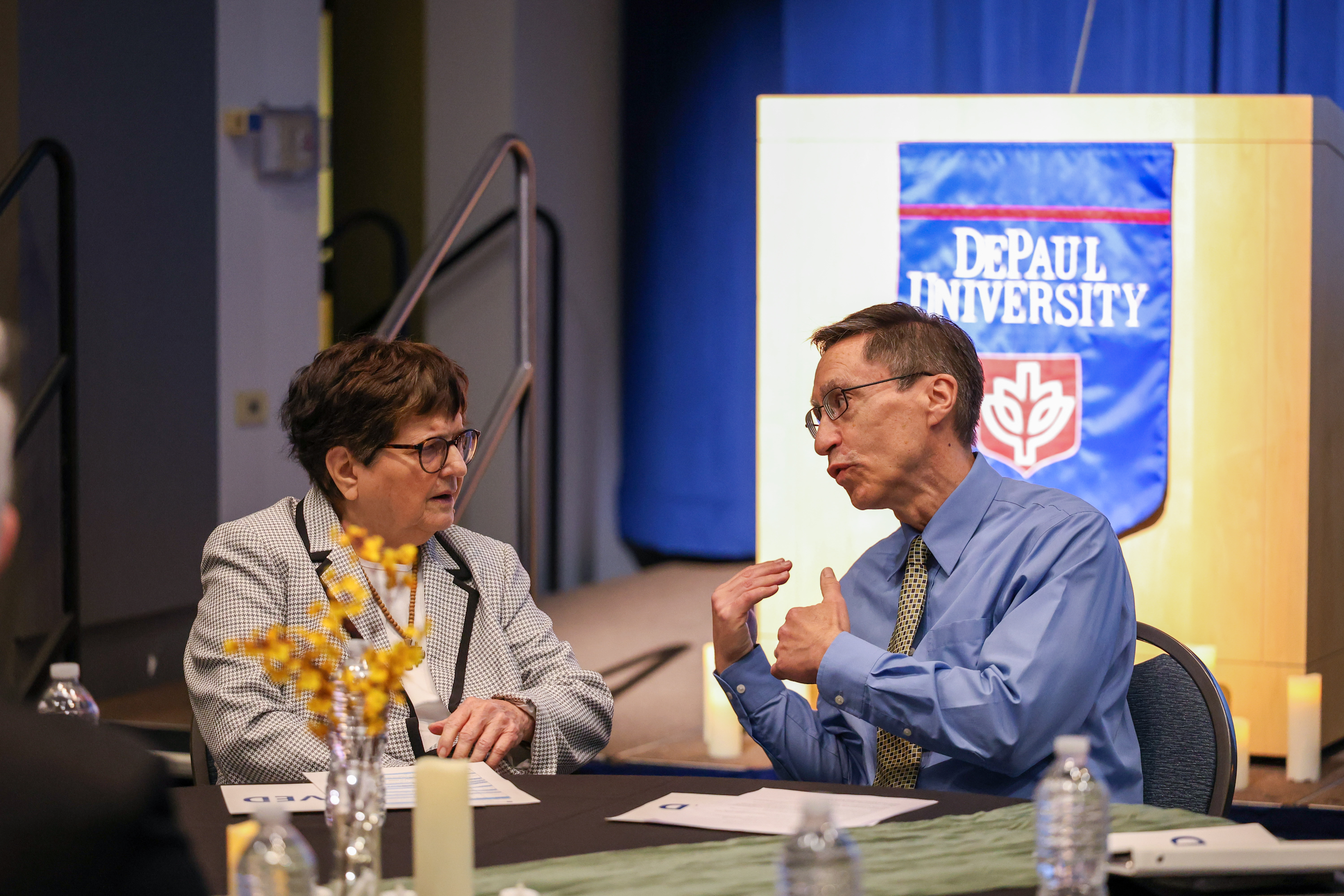 Sister Helen Prejean (left) chats with Bill Cavanaugh, the inaugural recipient of the Beeson Family Professorship in Catholic Studies, before "A Beacon of Light in Darkness," on Friday, April 24, 2026.