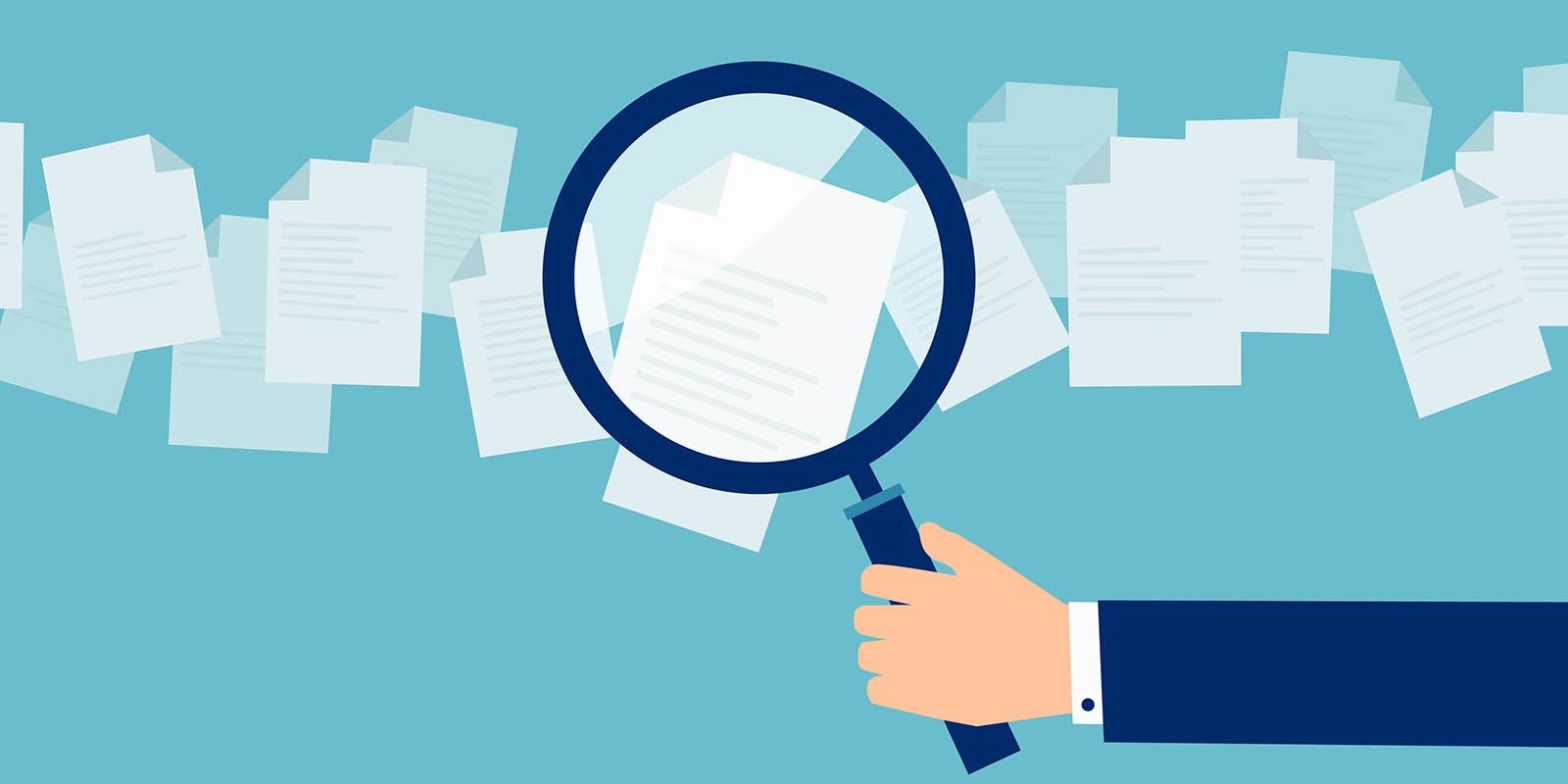 Crop hand of cartoon employer with magnifier looking through candidates resume in search