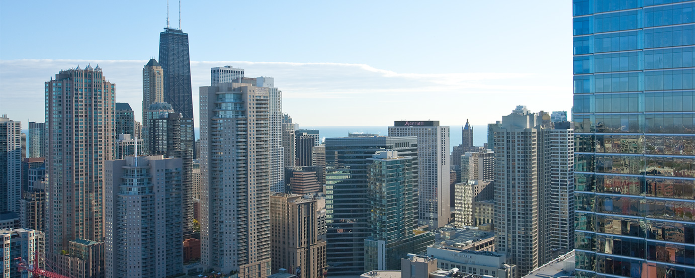 Overhead view of skyline in Chicago, Illinois, USA
