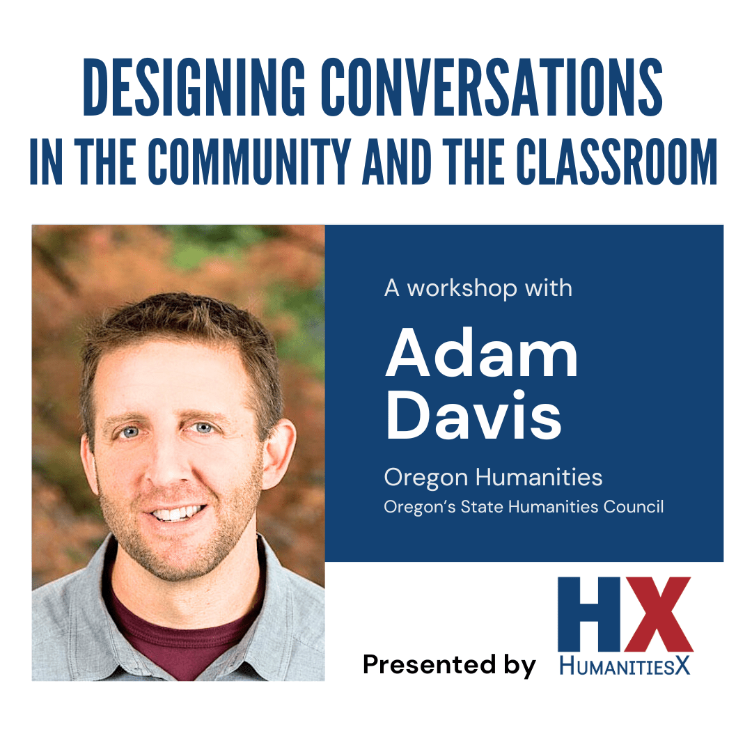 a white man with blue eyes smiles on the left side, event details on the right side